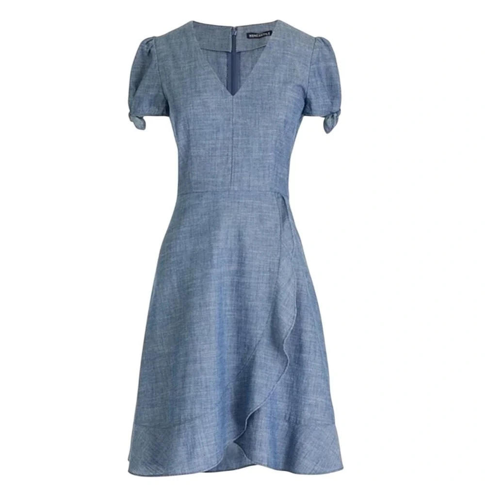 J. Crew Denim V Neck Short Sleeve A Line Dress Size 0 Blue‎ Chambray